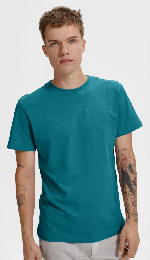 Férfi póló, texturált organikus pamut, petrol blue Férfi póló, texturált organikus pamut, petrol blue