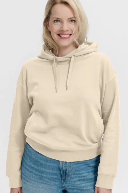 Kényelmes női pulóver kapucnival, mandula