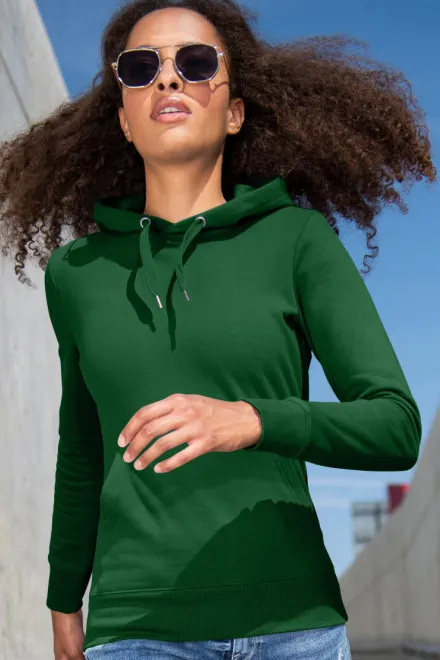 Női pulóver kapucnival cipzár nélkül, üveg zöld