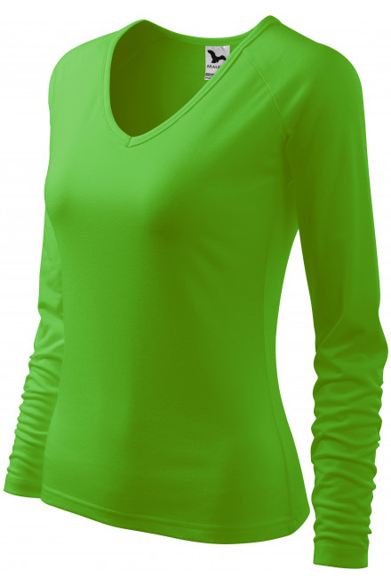 Női testhezálló póló, V-alakú nyakkivágással, alma zöld, sima pólók
