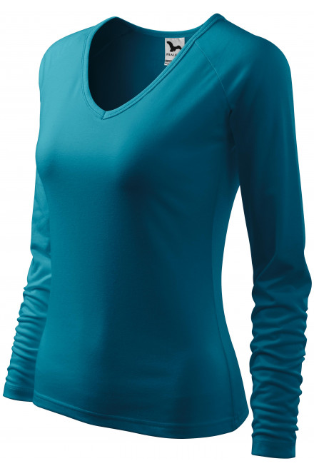 Női testhezálló póló, V-alakú nyakkivágással, sötét türkiz, kék pólók